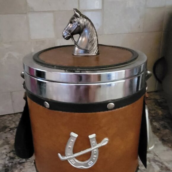 Vintage Horse Head Equestrian Ice Bucket with Metal Stirrups and Buckles-1970s - Picture 1 of 6
